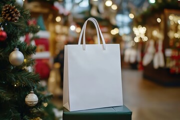 A blank white gift bag displayed near a beautifully decorated Christmas tree in a festive market setting