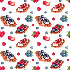 Croffle with blueberry raspberry and strawberry, seamless pattern, hand-painted watercolor illustration.