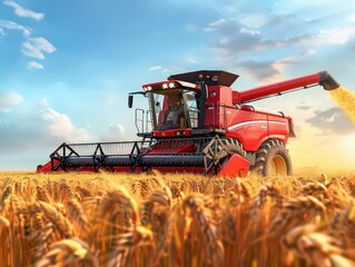 Fototapeta premium Red combine harvester in golden wheat field during harvest, symbolizing modern agriculture and productivity. Bright sky enhances the vibrant farming scene.