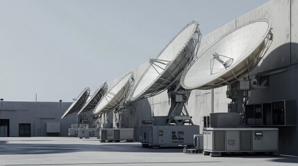 Modern satellite dish installation with cables and control panels, capturing the high-tech atmosphere of a communications facility