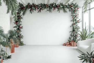 Festively decorated indoor space with greenery and gifts for a holiday celebration in a modern setting