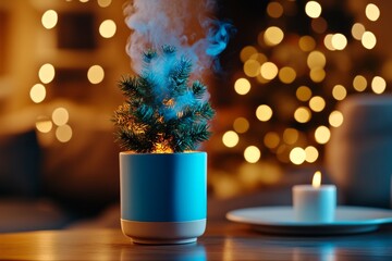Fine smoke trails from a wood-burning fireplace on a winter night, with soft glow and rising smoke capturing the warmth and coziness of home, symbolizing comfort and tradition