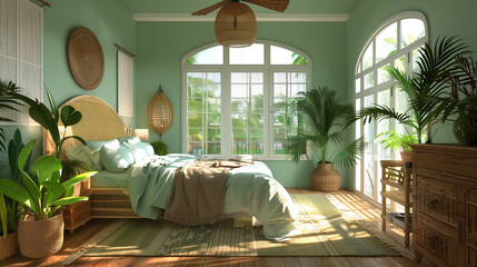 Tropical-inspired bedroom with rattan furniture, a soft green accent wall, lush indoor plants, and large windows for a vibrant, nature-infused look.