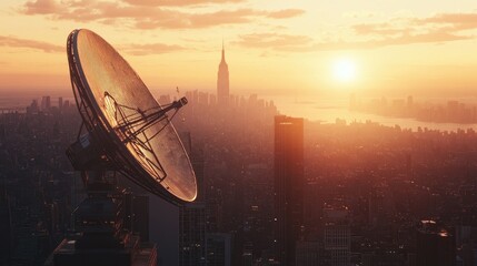 Satellite dish on a skyscraper rooftop, set against a busy urban skyline under the warm glow of a sunset
