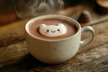 Obraz premium A cozy cup of hot chocolate topped with a cute bear-shaped marshmallow, surrounded by a rustic wooden background, exuding warmth and comfort.
