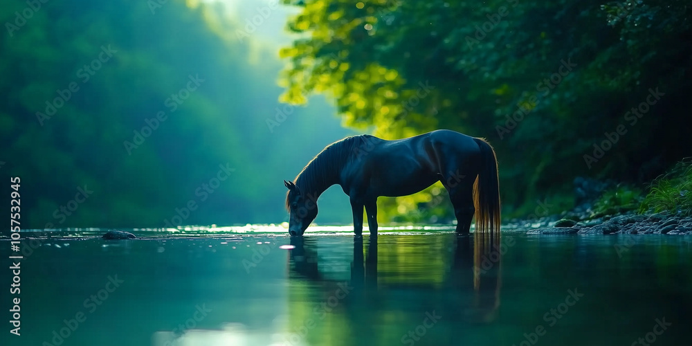 Aufkleber Friesian horse drinks from crystal clear stream in serene forest setting, surrounded by lush greenery and soft sunlight filtering through trees
