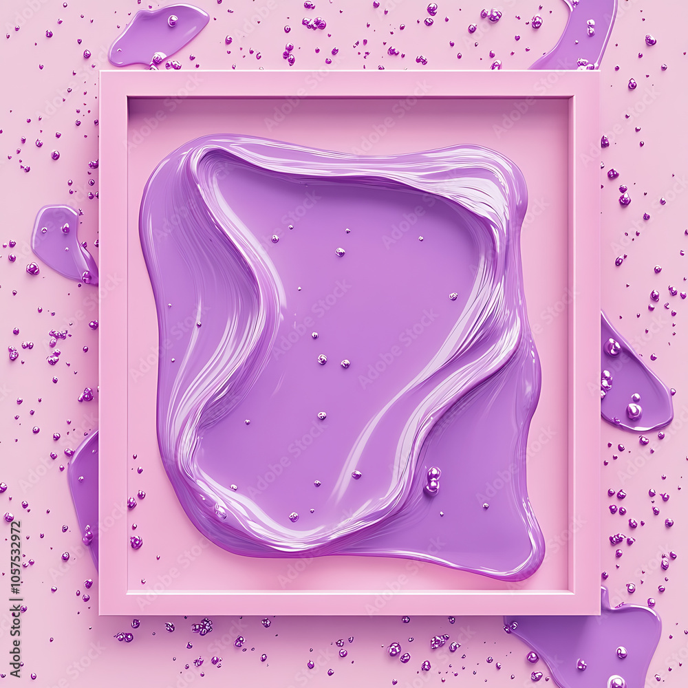 Poster square frame with violet slime on top on a pastel pink background retro futuristic conceptual backgr