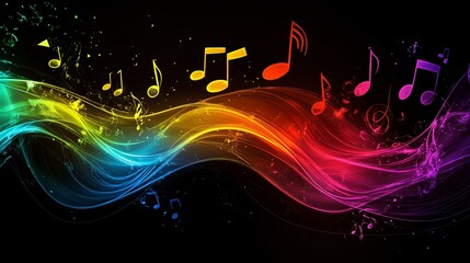 Fototapeta premium A vibrant wave of colorful music notes flowing on a dark background, symbolizing creativity and harmony in music.