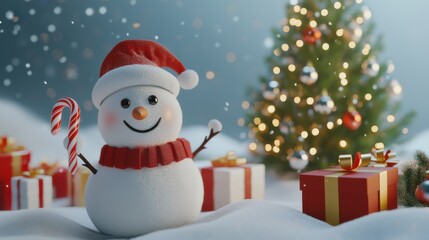 A cheerful snowman holding a candy cane stands beside a beautifully decorated Christmas tree with wrapped gifts in a winter wonderland
