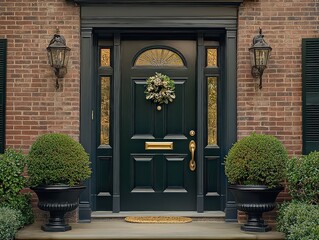  Traditional dark green front door with symmetrical decor, flanked by potted shrubs, exuding timeless elegance in a classic entryway.