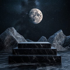 Black Geometric Stone Podium with Night Sky Background for Product Display, 3D Render