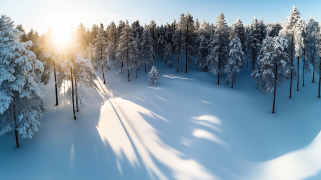 Aerial view of a snowy pine forest with sunlight casting long shadows, featuring snow-covered trees and a bright blue sky in a serene winter landscape.