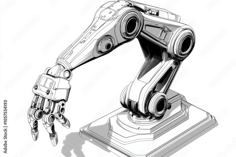 Poster Line drawing of a robotic arm with simple lines capturing the essence of automation in a clean, modern style, symbolizing structure and functionality