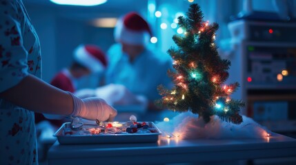 A festive scene in a hospital with a decorated Christmas tree and healthcare workers preparing holiday treats for patients