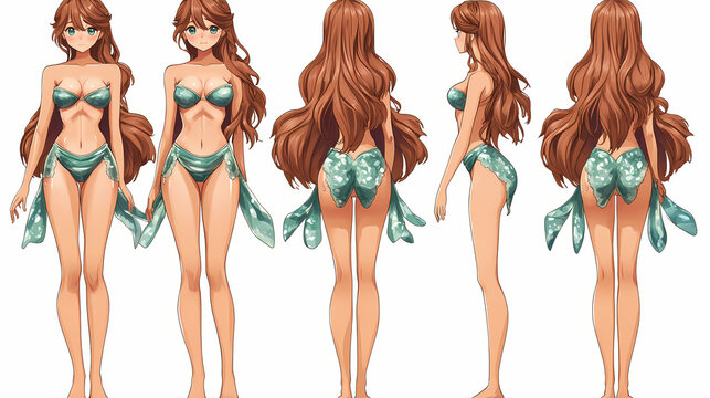 Female character sprite sheet, anime style, front, back, side view. Water Nymph. Illustration