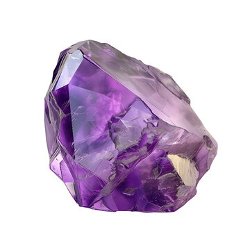 A single, purple amethyst crystal with sharp edges and facets, isolated on a black background.