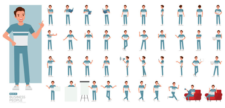 Big Set of businessman wear blue and white t-shirt character vector design. People working in office planning, thinking and economic analysis. Presentation in various action.