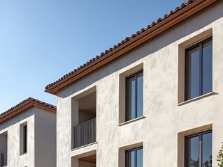 Obraz premium Mediterranean-style building with stucco facade, terracotta roof tiles, and minimalist window design, embodying warm, timeless elegance.