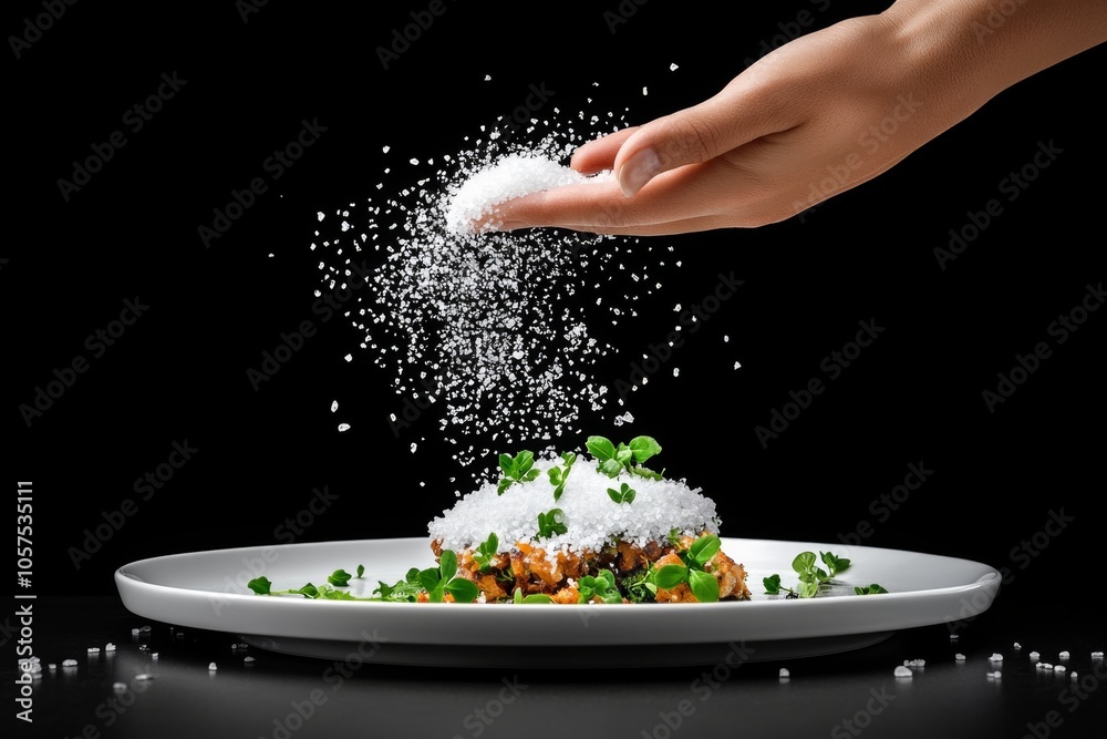 Poster minimalist design of a hand sprinkling salt over a dish, with clean lines capturing the simplicity o