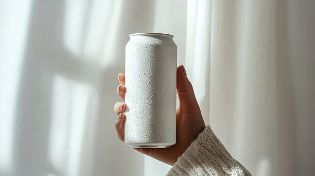 Woman's hand holding a white can with water droplets, against a minimalist light background, with soft shadows and fresh look.