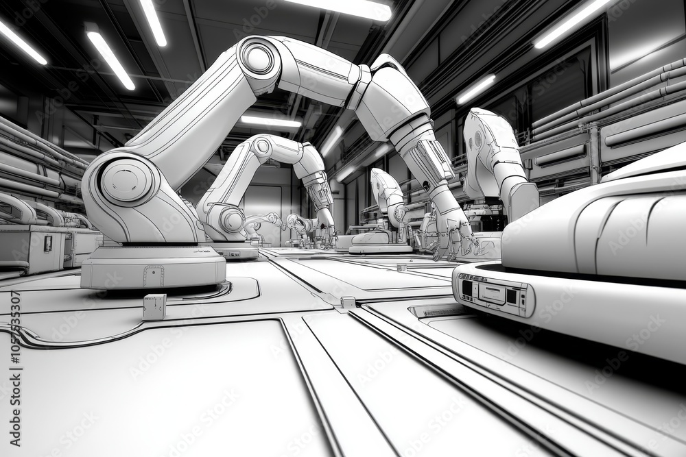 Poster Minimalist line art of a factory floor with robotic arms symbolizing machine learning automation, capturing the core of industrial AI in a clean design, symbolizing simplicity and efficiency