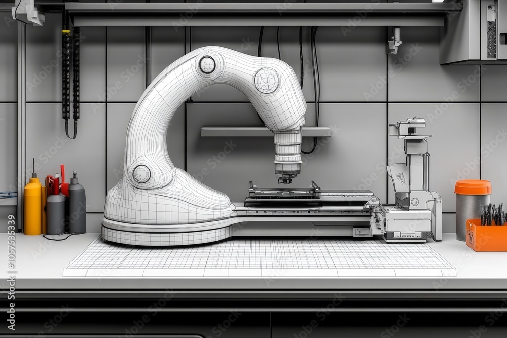 Aufkleber Minimalist line art of a factory floor with robotic arms symbolizing machine learning automation, capturing the core of industrial AI in a clean design, symbolizing simplicity and efficiency