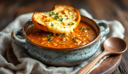 Fototapeta premium Zupa Cebulowa (Onion Soup) with Melted Cheese and Toasted Bread (Polish Cuisine)