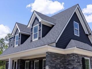 Obraz premium Elegant suburban home with dark siding and stone accents, featuring gabled roofs and classic windows, blending modern and traditional charm.