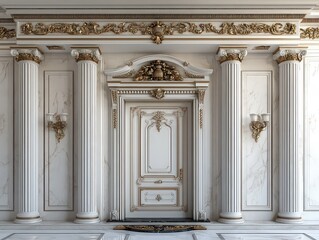 Obraz premium Luxurious neoclassical interior with ornate columns, gold accents, and grand door, evoking timeless elegance and refined architectural detail.