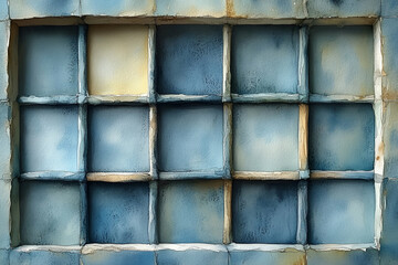 A textured grid of blue and beige squares, creating an abstract, serene composition reminiscent of watercolors.