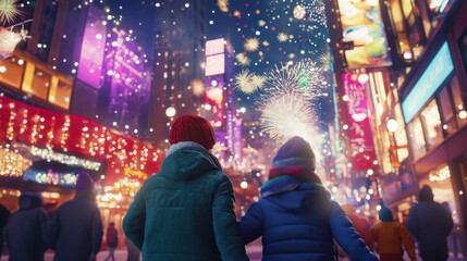 Fototapeta premium Celebrating New Year's Eve in a vibrant city with dazzling lights and festive fireworks lighting up the night sky