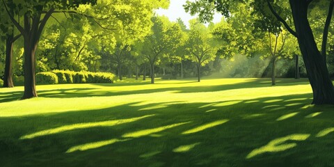 Fototapeta premium Tranquil summer scenery featuring lush green grass and vibrant trees creates a peaceful atmosphere, embodying the essence of a serene summer landscape.