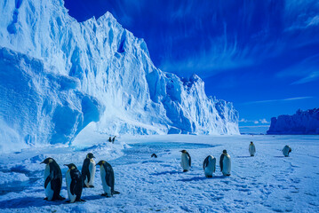 Emperor Penguins (Aptenodytes forsteri) walking across the ice sheet under a bright, blue sky next to an Icewall, Auster Colony on the Mawson Coast in Mac Robertson Land, East Antarctica; Antarctica
