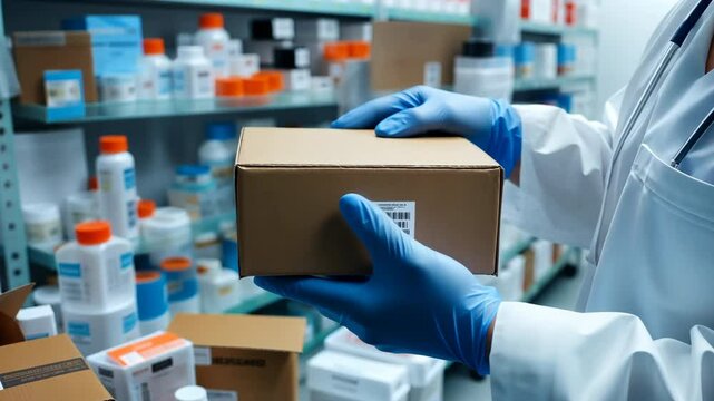 Pharmacist with a parcel in a warehouse. Concept of online shopping and orders delivery. Person in lab coat holding a box with medical equipment in his hands.