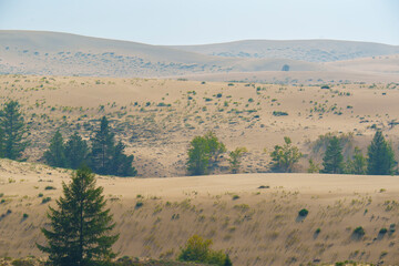 View of a sandy plateau surrounded by forest and mountains