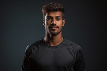 Fototapeta premium Portrait of a content indian man in his 20s sporting a breathable mesh jersey in blank studio backdrop