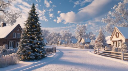 Snow-covered village landscape with a decorated Christmas tree on a clear winter day