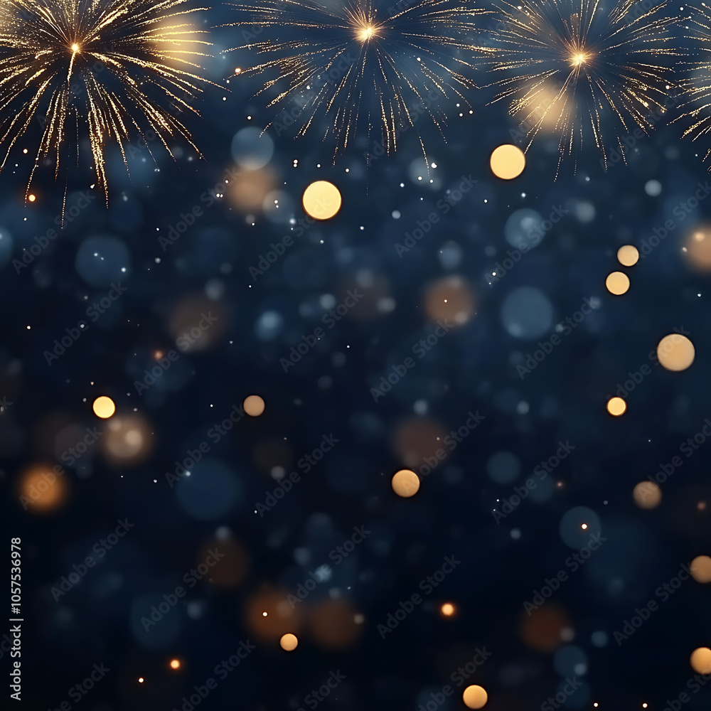 Aufkleber gold and dark blue fireworks and bokeh in new year eve and copy space abstract background holiday