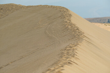 Golden desert dunes illuminated by sunbeams under a dramatic sky