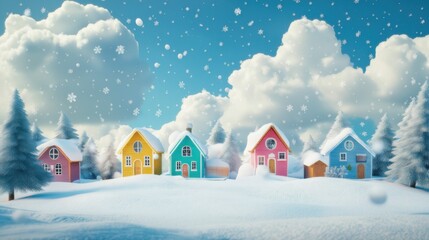 Colorful winter homes surrounded by snow and pine trees under a bright blue sky with fluffy clouds