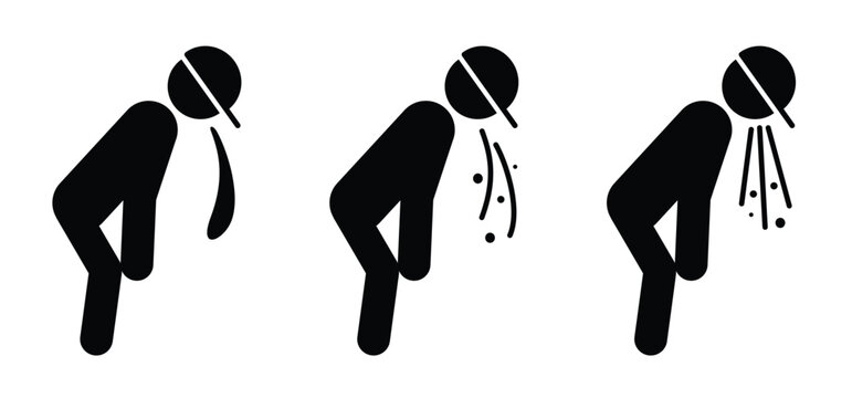Vomit face icon. Anxiety and vomiting concept. Sick person to vomiting in the wc. Stick figures or stickman and toilet logo. Restroom or bathroom toilets. Symptoms virus infection or hungover or drunk