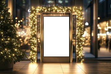 A modern storefront entrance adorned with festive lights and greenery during the evening holidays