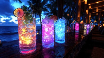 A beachside lounge with holographic tropical drinks floating in mid-air as a digital menu display, each drink rotating to showcase its ingredients. The projection adds an exotic, techy vibe 