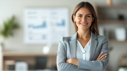 Confident businesswoman smiling with arms crossed in modern office setting with charts in background.