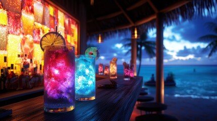A beachside lounge with holographic tropical drinks floating in mid-air as a digital menu display, each drink rotating to showcase its ingredients. The projection adds an exotic, techy vibe 