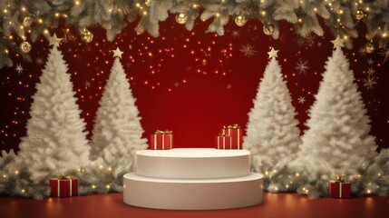 Festive Christmas display with white trees, gifts, and shimmering decorations in a warm holiday atmosphere
