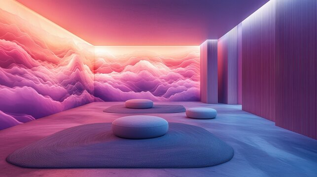 A calm meditation room with holographic landscapes of mountains and oceans shifting on the walls, providing a tranquil and immersive escape. The soft, flowing colors of the holograms add to 
