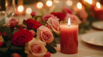 Obraz premium Side-angle shot of red and pink candles flickering on a table with roses, 4K resolution