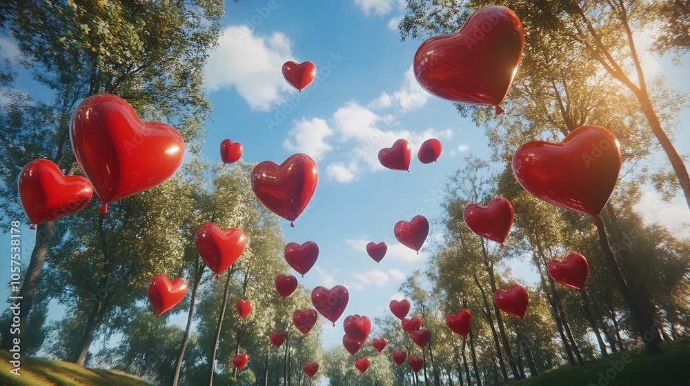 Aufkleber Low-angle view of red heart balloons drifting in a park, creating a Valentine s Day feel, 4K resolution