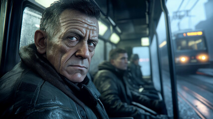 Intense moment on a rainy urban bus ride